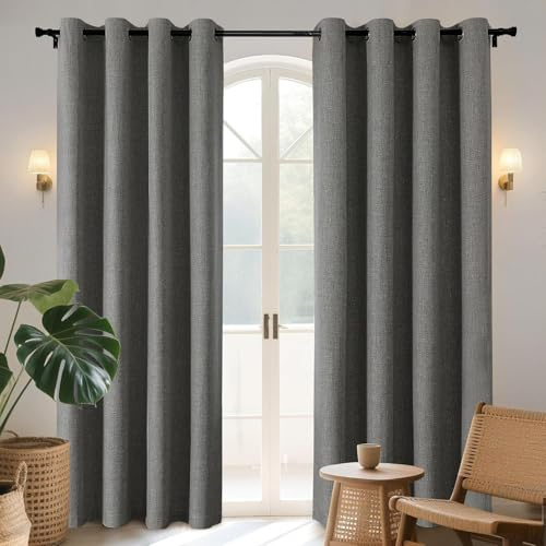Joydeco 100% Blackout Lined Curtains W66 x L84 Inch Drop, Linen Look Eyelet Thermal Insulated Curtains with Coating Back Layer for Light Blocking Noise Reduction, Grey - 2 Panels