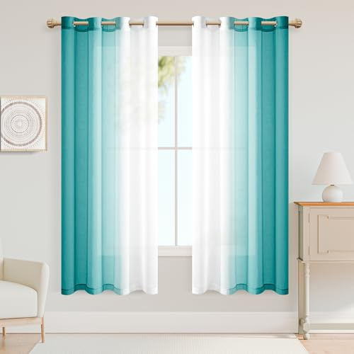 XWZO Gardinen mit Ösen Vorhänge Transparent Farbverlauf Voile Gardinen, Ombre Vorhang für Schlafzimmer und Wohnzimmer 225cm x 140cm(H x B) Blau