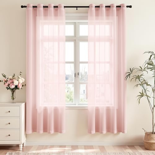 Vangao Stores Gardinen mit Ösen Vorhänge Rosa 2er Set H 200 x B 140 cm | Wohnzimmer Fenster Schlafzimmer Kinderzimmer Balkontür, Boho Voile Vorhänge Kurz Lichtdurchlässig, Sheer Curtains Pink