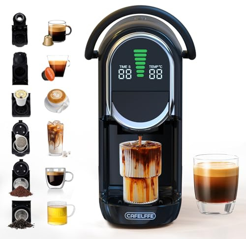 CAFELFFE MK-609S 6-in-1 Kapselkaffeemaschine 20 Bar mit automatischer Druckentlastung, Temperatur- und Kaffeemengenregelung | 6 Adapteroptionen für Kapseln, Teeblätter und Kaffeepulver 1450 W Schwarz