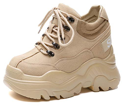 Scarpe da Ginnastica da Donna con Rialzo in Altezza Suola Spessa Sport Casual Atletico Grosso con Stringhe nascoste Piattaforma Sneakers Stivaletti Beige 35 EU
