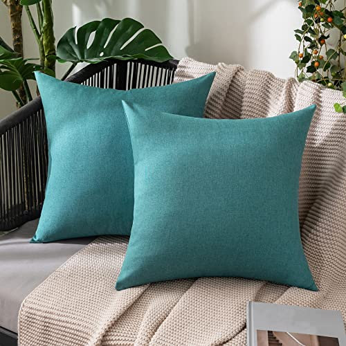 MIULEE 2er Set Wasserdicht Kissenbezug Outdoor Sofakissen Dekokissen Modern Kissenbezüge Dekorativ Kissenhülle Deko aus Polyster Leinen-Optik für Garten Sofa Wohnzimmer Bett 50x50 cm Pfauenblau