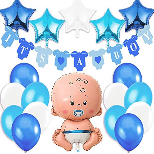 Babyparty Junge, Baby Shower Junge, Babyparty Deko - It's a Boy Blau Girlande + 1 XXL Neugeborene Folienballon + 5 Sterne Folienballons + 12 Ballons. Dekorations Babydusche Party