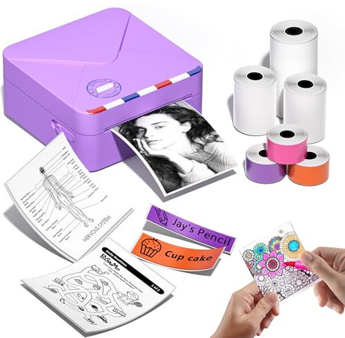 Phomemo M02S Mini Drucker für Smartphone, 300 DPI Taschendrucker Etikettendrucker mit 6 Papierrollen, Kompatibel mit 15, 25, 53 mm Papier, ideal für Studium, Scrapbooking, Fotos, Geschenke (Lila)