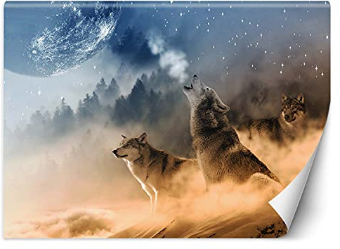 Feeby Vlies Fototapete Nacht Mond Wölfe 200x140 cm mehrfarbig Tapeten Wandekoration Wohnzimmer Schlafzimmer Büro Flur Abstrakt Natur