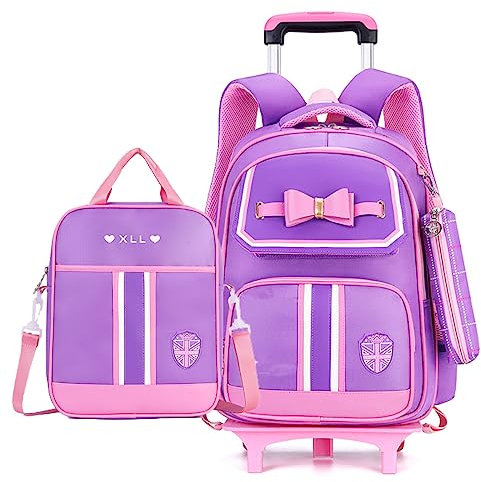 Roll-Trolley-Tasche, Rucksack mit Schleife, für Mädchen, Grundschultasche, 3-teilig, violett, 2-wheel, Daypack Rucksäcke