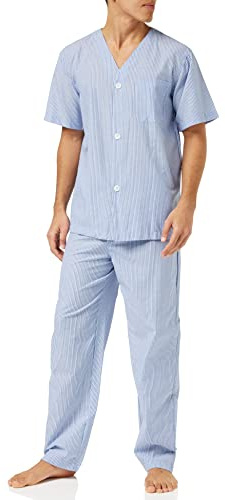 Fruit of the Loom Men's Broadcloth Pyjama Set with Short Sleeves and Long Trousers Pajama, Blue Striped, L