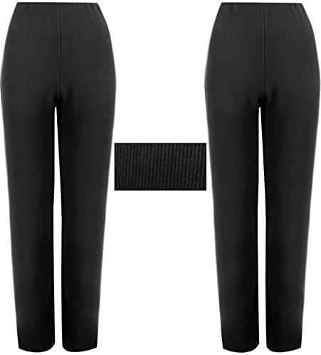 2 Pack Womens Straight Leg Trousers Finely Soft Ribbed Stretch Pull On Ladies Pants Casual Full Elasticated Waist Bottoms (Black 24/27)