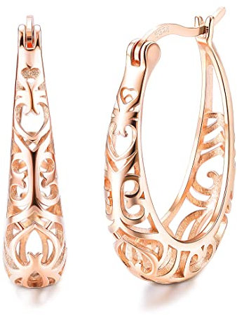 KRFY Boucles D'oreilles Créoles Pendantes en Argent 925 Boucles D'oreilles Rondes en Filigrane Texturé Créoles pour Femme Or Rose