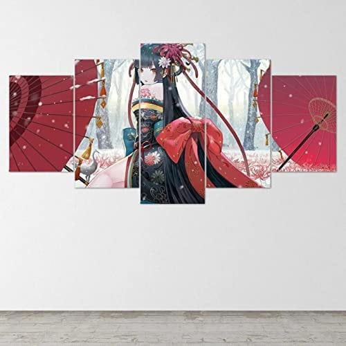 MPPSU Tableaux, Posters et Arts Décoratifs Tableau Cuisine Decoration Murale Salon Moderne Impressions Sur Toile Intissee​ 5 Pièces Avec Cadre 150×80 Styles D'Affiches D'Anime Japonais Kimono Girl