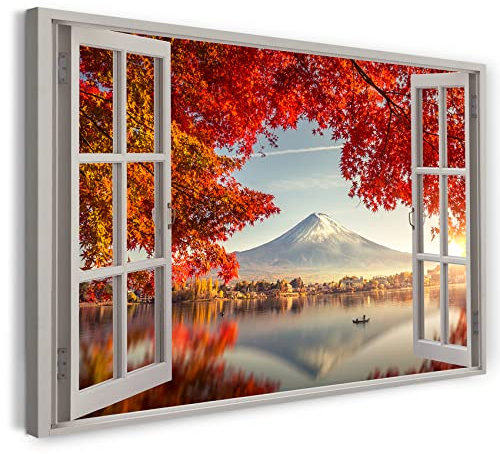 Printistico Impression sur toile (100x70 cm) vue depuis la fenêtre - Fuji Japon, fleurs de cerisier des montagnes d'été - photographie de la nature, cadre en bois véritable avec crochet,