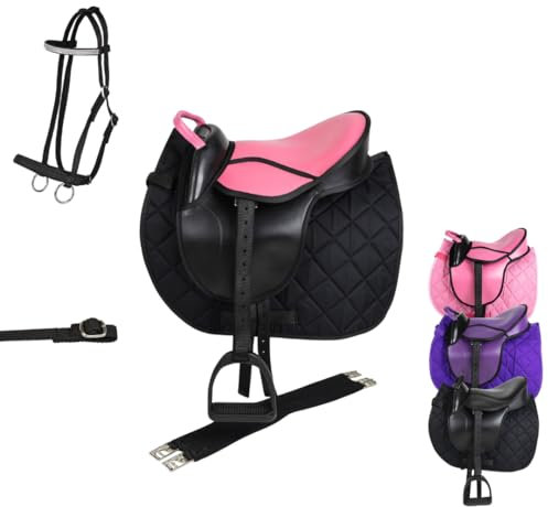 Marengos - Holzpferd Sattel Set | Sattel für Holzpferd mit Sattelgurt, Schabracke, Trense, Steigbügel & -Riemen | Sattel aus Kunstleder | Sattel-Typ Advanced in pink/schwarz | Größe 12