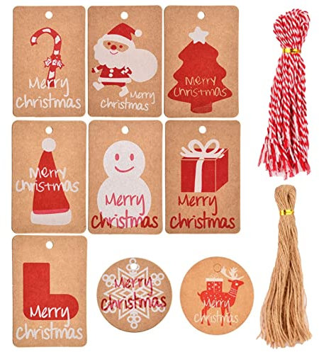 100 Stück Weihnachts Geschenkanhänger,kraftpapier Weihnachtskarte mit Hangtag,Papieranhänger mit Juteschnur für Weihnachten DIY Basteldekorationen,Weihnachtsbäume Rentier Schneemann