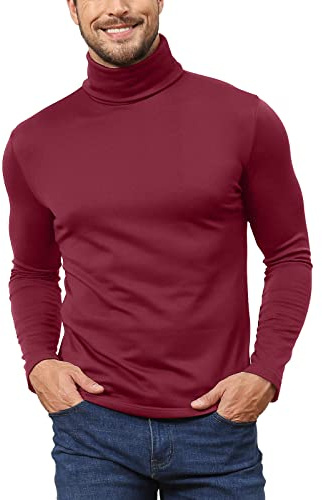 Hoefirm Men's Polar Neck Pullover Basic Warm Tops Turtleneck Knit Jumper Slim Fit Sweater Funnel Cotton Wool Red L