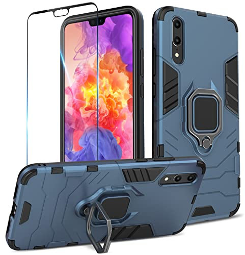 Btstring Hülle kompatibel mit Huawei P20 mit Schutzfolie, Militär Standard Cover Case Standfunktion Handy Hüllen -Blau