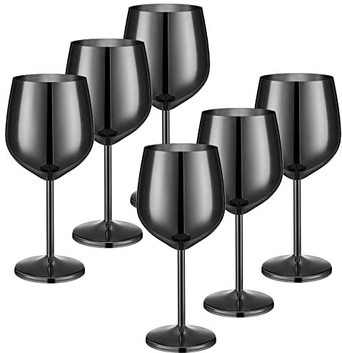 Set mit 6 Weingläsern aus Edelstahl, 530 ml, unzerbrechlich, Weingläser, Trinkgläser, Weinkelch, metallische Kelche für Veranstaltungen im Freien, Party, Strand, Pool, Reisen, Hochzeitstag, Schwarz
