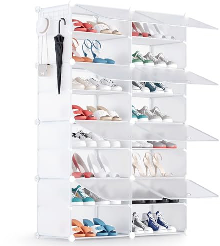 YIHATA Zapatero, 16 Compartimentos (2 x 8) para 32 Pares, Armario Paneles de Plástico, para Dormitorio Sala de Estar, Recibidores, Blanco, Modular, Estantería, 30 x 40 x 30 cm Cada Cubo