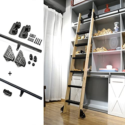 WhfPs Schiebe-Scheunentor-Hardware-Kit 3,3 Fuß bis 20 Fuß, Bibliotheks-Rollleiter-Schienen-Hardware, schwarzes Rundrohr-Schienensystem aus Stahl, Mobile Leiterschiene für Dachboden/Zuhause/Innenra