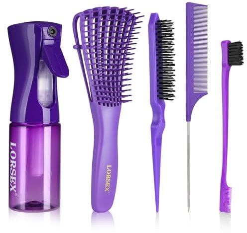 LORSEX Haarbürste mit 200ml Haar Sprühflasche, Entwirrbürste für Naturhaar für Afro Haare 3a bis 4c Verworrenes, Welliges, Lockiges Haar, mit 3 Stück Toupier Bürste Set Doppelkanten Bürste (Violett)
