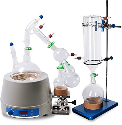 Short Path Distillation Kit 2L - Lab Apparatus for Essential Oils Extraction, Complete with Stirring Heating Mantle and Cold Trap - 2000ml Capacity