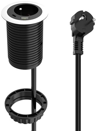 Ucomen Prise Encastrable Compacte avec 1 Prise, 1 Port USB C, 1 Port USB A,60 mm de Diamètre, 1,5m de Câble, Multuprise pour Le Bureau, Les Meubles,La Cuisine, Noir
