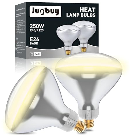 Jugbuy 250 Watt Heat Lamp Bulbs, Clear Incandescent Heating Outdoor Light Bulb for Bathroom, Chickens, Chicks, Ceiling, Reptile, Food, Plants, Medium E26 Base - 2 Pack