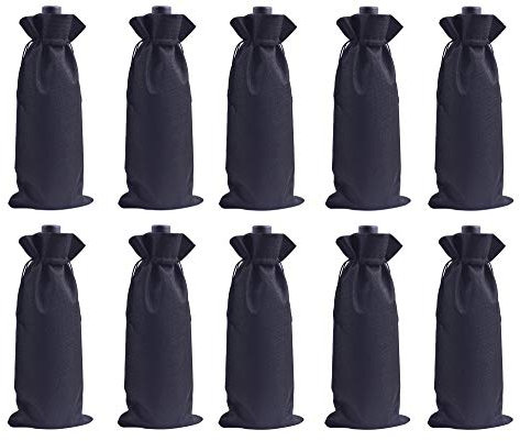 KONMAY 10 Stück Schwarz Weintasche mit Kordelzug, 15x35cm Jute Weinbeutel, Wiederverwendbare Sackleinen Wein-Geschenkbeutel, Weinflaschenbeutel, Weinbeutel für Hochzeit, Party, Blindverkostung