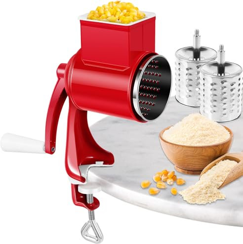 Molinillo de cereales manual de acero inoxidable con abrazadera de mesa, molinillo de alimentos con manivela de mano con 2 cuchillas de repuesto, reutilizable, multifuncional, molinillo de café de