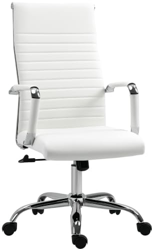 Vinsetto Silla de Escritorio Giratoria con Respaldo Alto Ruedas Blanco | Silla de Oficina, Ruedas Giratorias, Altura Ajustable, Función Basculante, Reposabrazos, Tapizado en Cuero Sintético