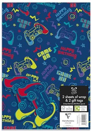 Eurowrap Happy Birthday Gamer Gift Wrap Paper Game On Birthday Boy Gift Wrap Occassions 2 Sheets & 2 Gift Tags 50cm x 70cm
