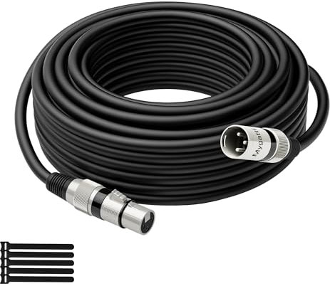 Mygatti Cable XLR para micrófono, 10 m, color negro, macho a hembra, apantallado de 3 pines, cable de conexión DMX, con supresión EMI y RFI, compatible con amplificadores, altavoces y 5 bridas de
