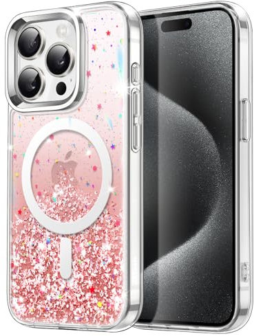 JETech Coque à Paillettes pour iPhone 15 Pro 6,1 Pouces Compatible avec MagSafe, Transparente Mignon Bling Étincelant pour Femmes et Filles, Étui Housse Magnétique Brillante (Rose)