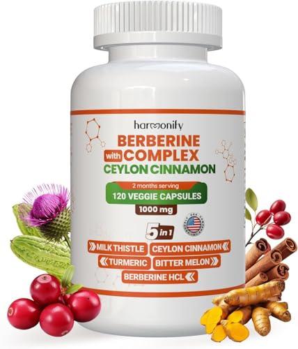 Berberine Supplement with Ceylon Cinnamon, Milk Thistle, Turmeric, Bitter Melon Complex, Immune Supports, 120 Capsules, 1000 mg, Vegan, Non-GMO