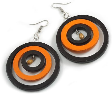 Boucles d'oreilles créoles triple en bois D/noir/orange 50 mm – 75 mm de longueur