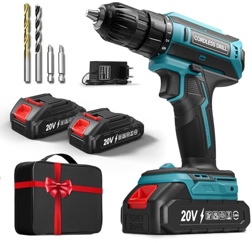 Akkuschrauber mit 2x 2000mAh Akkus, 20V Akku Bohrschrauber Set 42Nm Max, 2-Gang Akku-Bohrmaschine, Kompatibel mit Makita Akku, 25+1 Drehmomentstufen, 10mm Bohrfutter, LED-Licht,Für Reparatur und DIY