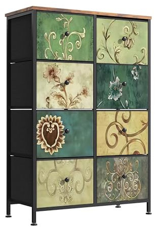 Luminarix Kommode mit 8 Schubladen, böhmische Sideboard mit Stoffschubladen Metallgestell, Holzplatte TV Schrank Schubladenschrank für Wohnzimmer Schlafzimmer Flur