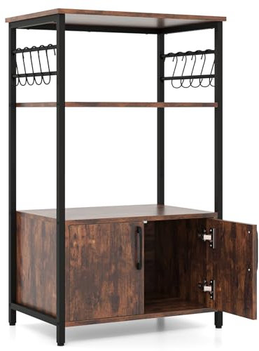 GIANTEX Étagère de cuisine à 3 niveaux, support pour micro-ondes avec 1 armoire à porte et 10 crochets amovibles, meuble industriel pour cuisine, salon, salle à manger, marron et noir