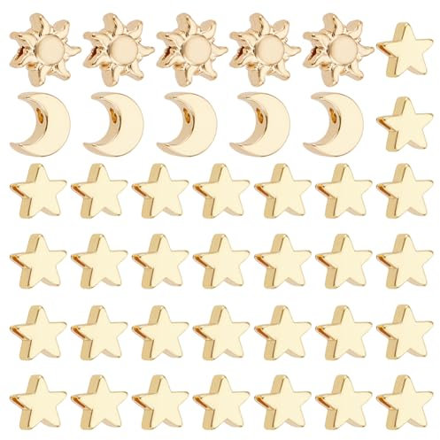 PH PandaHall 3 Styles 18K Gold plattiert Spacer Perlen Mond Stern Sonne Perlen 40pcs Messing Charme Perlen Langlebige lose Perlen für DIY-Armband Halskette Ohrring Ring Schmuck Handwerk machen