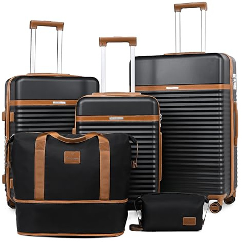 Joyway Kofferset 5tlg von ABS Hartschalen Erweiterbar Trolley Kofferset mit 4 Rollen und TSA-Schloss Der Gepäcksets Enthält 1 Reisetasche und 1 Kulturbeutel Schwarz