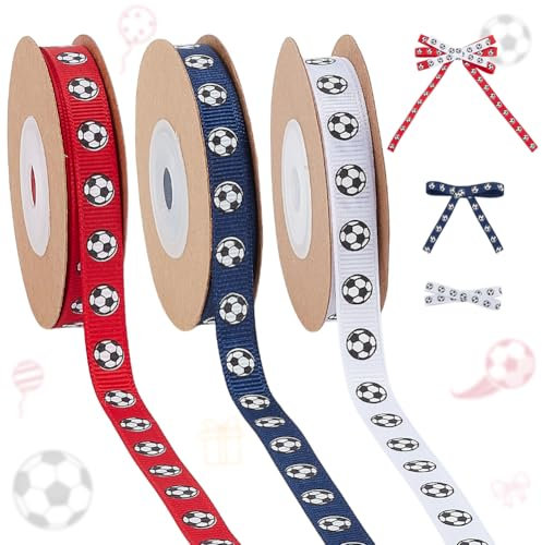 PH PandaHall 27.4m Fußball Bänder 3 Farben Grosgrain Bänder 1cm Sport Thematische für Geschenkverpackungen, Mannschaftsbänder, Haarschleifen, Kunsthandwerk, Partydekoration (weiß, rot, blau)