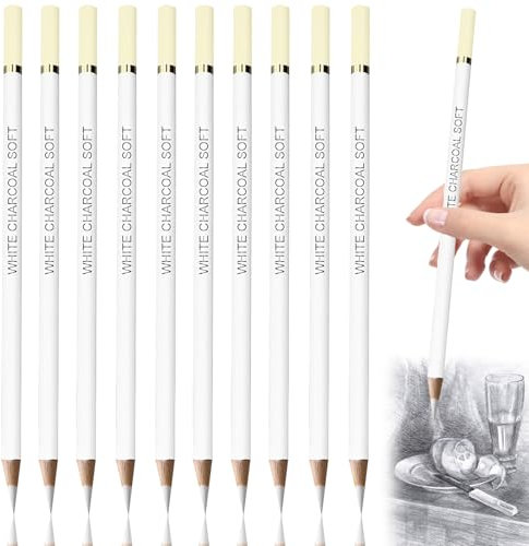 10Pcs White Charcoal Pencils, Highlight Sketch White Pencil Ideal for Drawing, Sketching, Shading, Blending, Detailing on Dark Hand-Painted Hook Line Pens Highlighter Pens for Artist and Beginners