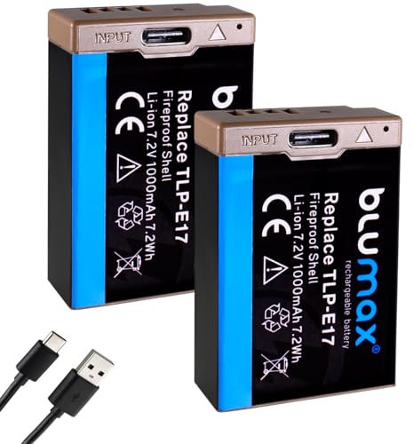 2X blumax Akku Ersatz für Canon LP-E17 |- 1000mAh -| mit USB Typ-C Ladebuchse/NTC-Sensor & V1-Gehäuse - für EOS RP R8 R50 R100 - (Teildekodiert)