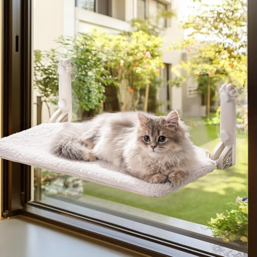 MEWOOFUN Cat Window Bed Hammock for Indoor Cats - Foldable Cat Window Perch Reversible Mat, Upgrade Strong Suction Cups Sturdy (Beige, S)