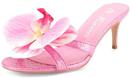 Oh Mispares Orchid Heels for Women Floral Slides Round Open Toe Strappy Stilettos Slip on Heeled Mules 2.5 Inch Dress Sandals for Wedding Prom Party, Hot Pink, 5.5 UK