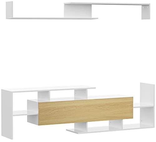 HOMCOM Modern TV Cabinet with Wall Shelf, TV Unit with Storage Shelf and Cabinet, for Wall-Mounted 65 TVs or Standing 40 TVs, White and Natural