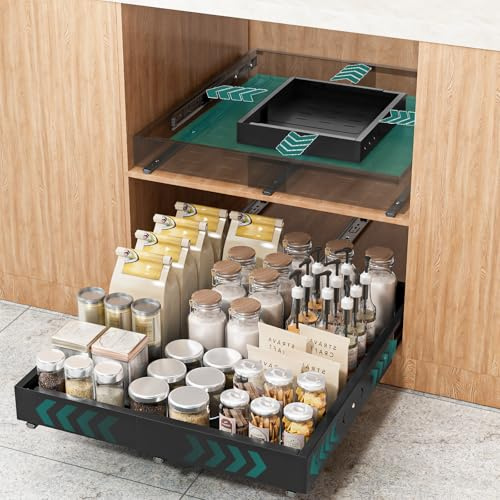 HG PLVTII Ausziehbare Schublade, Breiten- & Tiefenverstellbar, 1pc, Schwarz | Auszug Küchenschrank Teleskopschublade, 50cm 60cm tief Nachrüsten, Kugellager-Auszug, Slide-Out Drawer für Küche