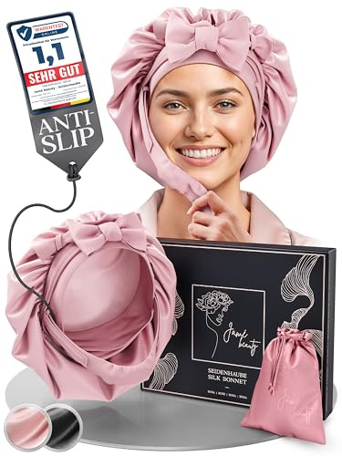 Jamé beauty Seidenhaube zum Schlafen - 100% echte Maulbeerseide | Schlafhaube Seide, Schutz vor Frizz, Haarbruch & Knoten, Silk Bonnet mit Kinnriemen für extra Halt, Doppellagige Schlafmütze