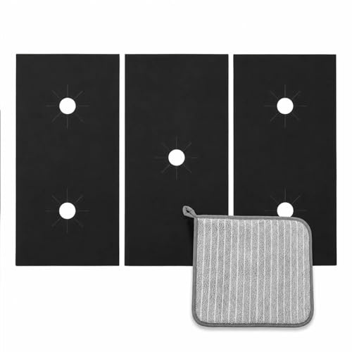 4 Pcs Hob Covers for Gas Cookers Kit，Non-Stick Liners for 5 Burner Cookers | PTFE 0.2mm Cuttable Mats, 2 Dual-Cut + 1 Single-Cut Liner + 30cm Cloth, Black, for Home Gas Hob Cleaning