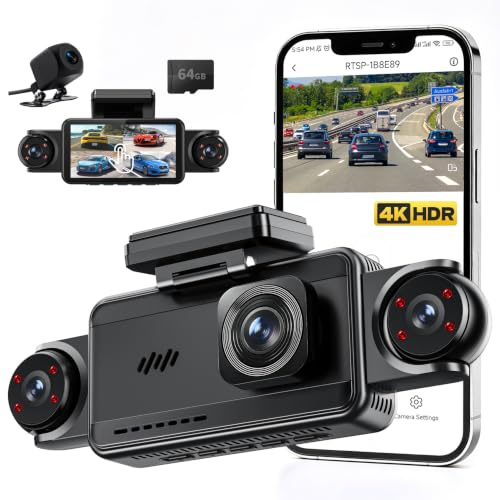 4 Kanal Dashcam 360° Dashcam Auto Vorne Hinten 4K+1080P, 5 Zoll IPS Bildschirm Dash Cam Auto Kamera mit WiFi Kostenlose 64 GB Karte,8 IR Lamp Nachtsicht,G Sensor,Loop-Aufnahme,APP Steuerung