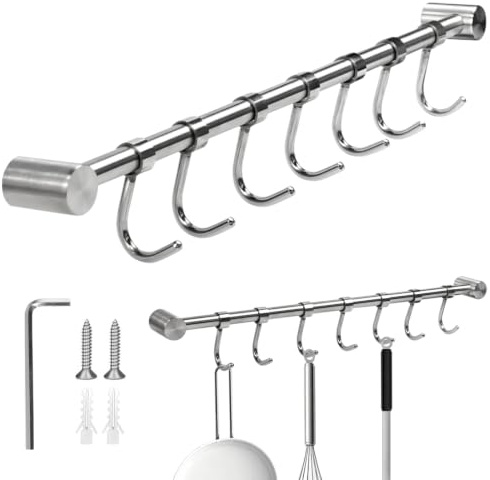 NICOLINI Porta Utensili da Cucina Parete Inox 304 con 7 Ganci Mobili, 40cm | Appendiabiti per la Cucina in Acciaio Inox,Barra Portautensili da Cucina Multifunzione, Rastrelliera di Asciugamano per bagno